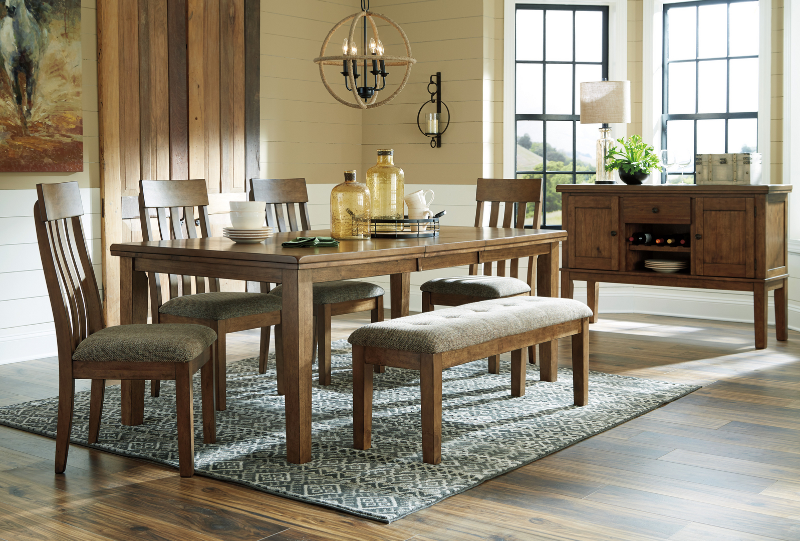 A wooden dining area set